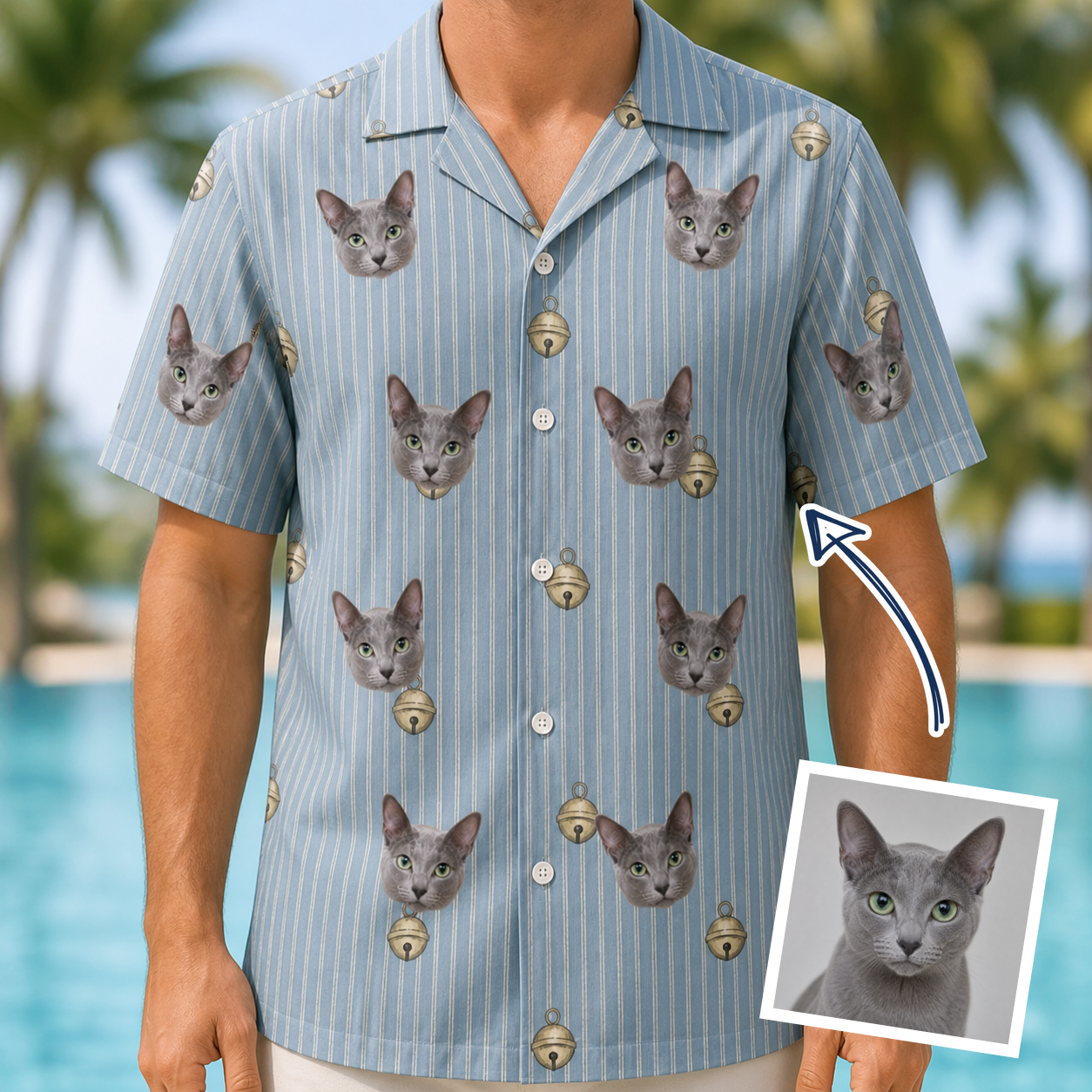 Man wearing Men's Purrcussion Pings Custom Cat Face Hawaiian Shirt — custom faces printed all-over