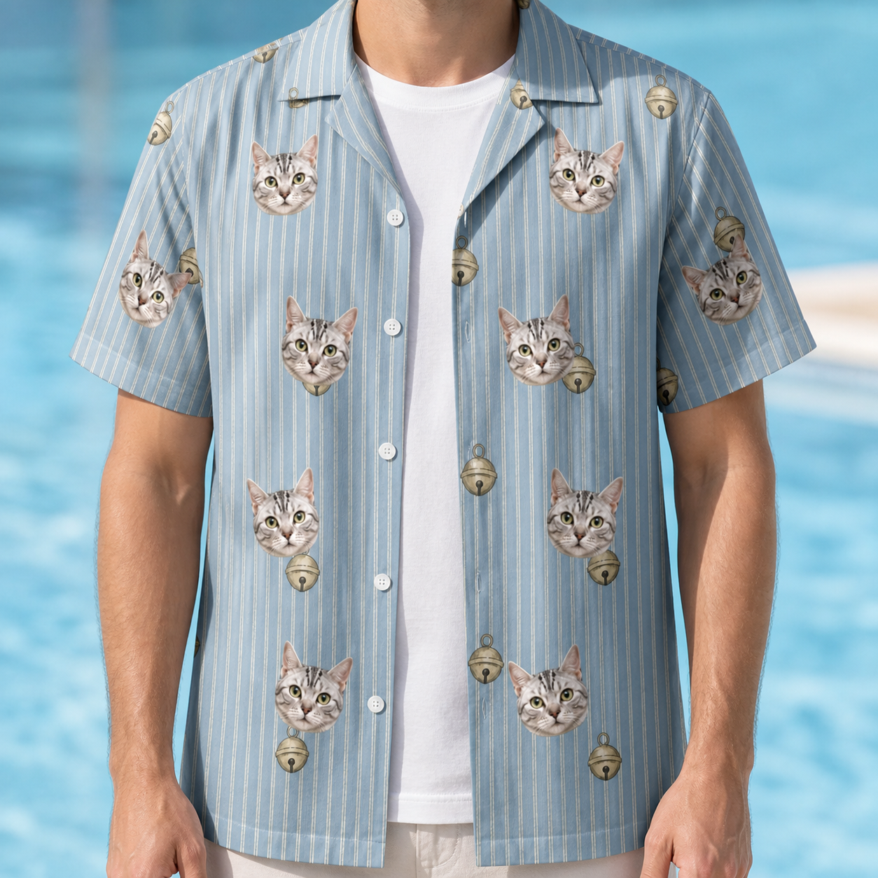 Man wearing Men's Purrcussion Pings Custom Cat Face Hawaiian Shirt open over a white tee