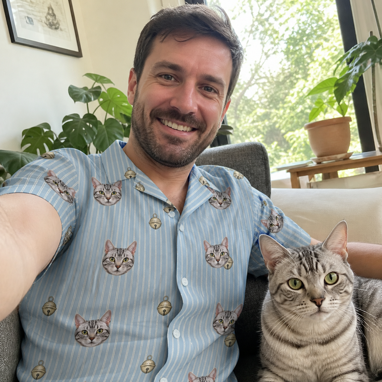 Selfie with the pet whose face is printed all over this Men's Purrcussion Pings Custom Cat Face Hawaiian Shirt