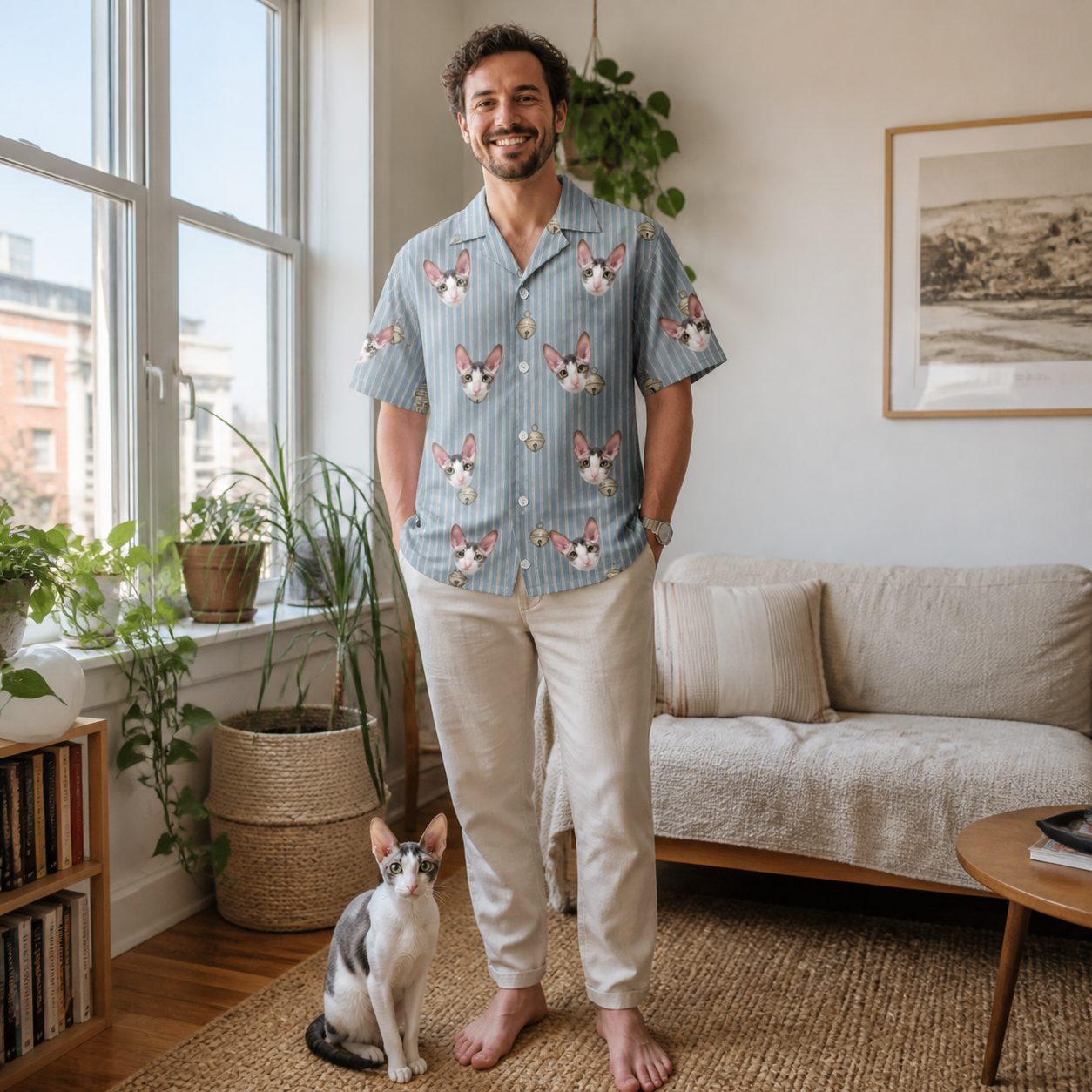Full-length photo with the pet printed all over this Men's Purrcussion Pings Custom Cat Face Hawaiian Shirt