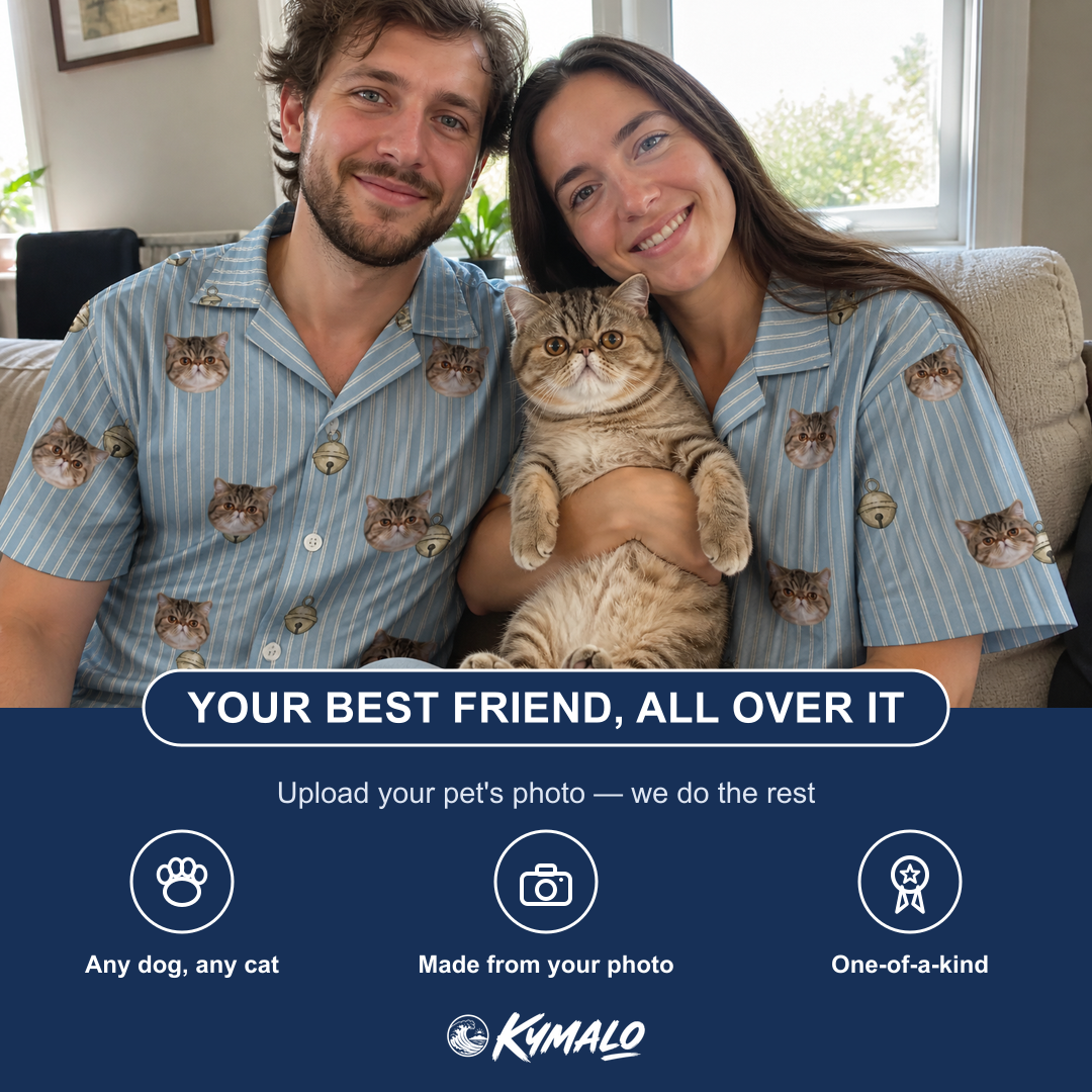 Friends in matching Men's Purrcussion Pings Custom Cat Face Hawaiian Shirt — a group gift photo