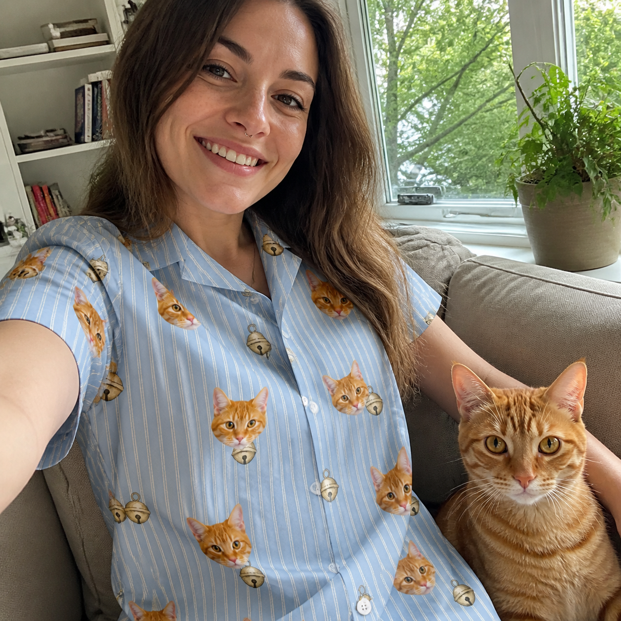 Selfie with the pet whose face is printed all over this Women's Purrcussion Pings Custom Cat Face Hawaiian Shirt