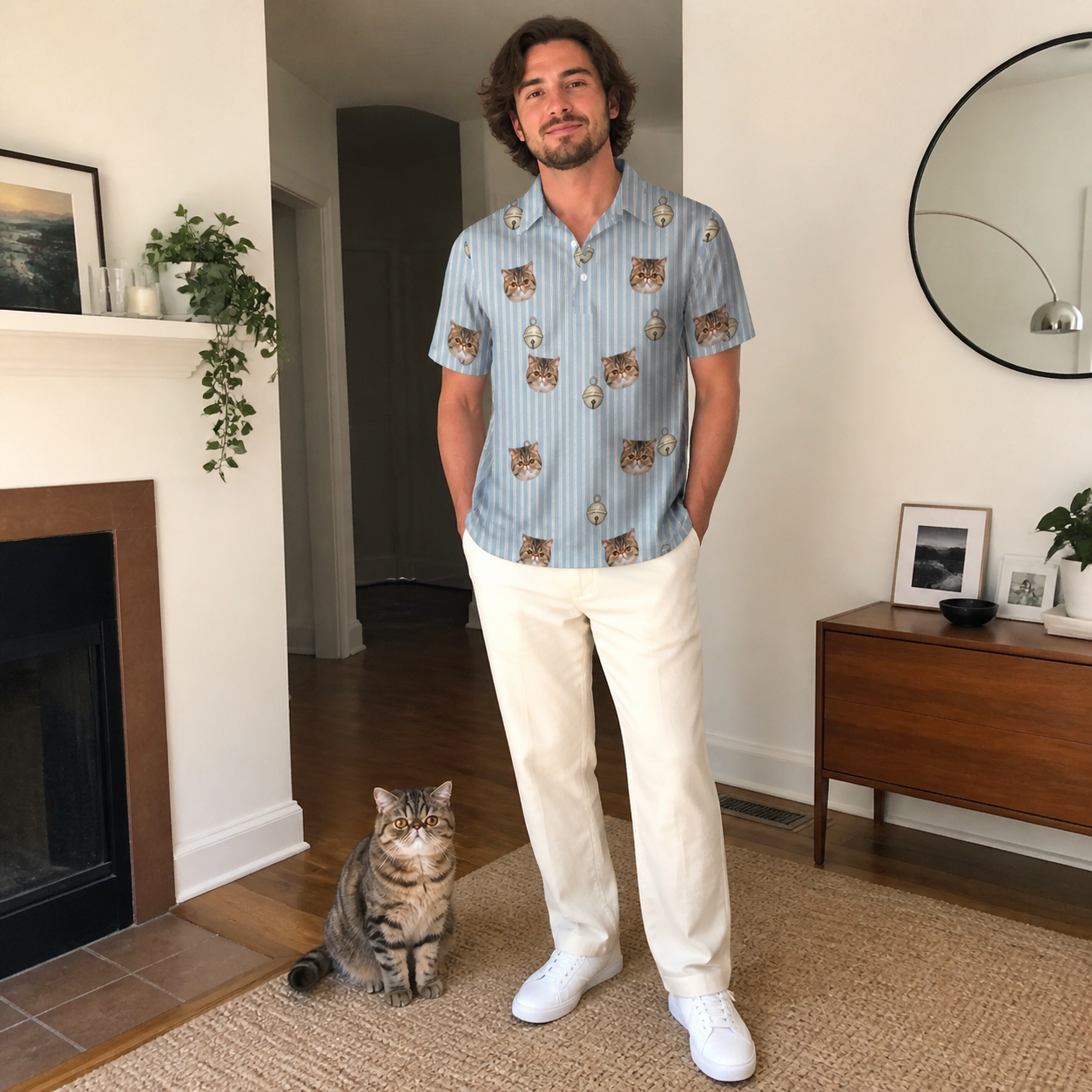 Full-length photo with the pet printed all over this Men's Purrcussion Pings Custom Cat Face Polo Shirt