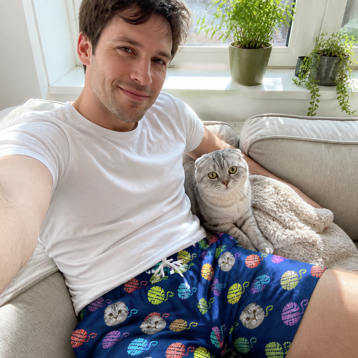 Selfie with the pet whose face is printed all over this Men's Yarn Yowls Custom Cat Face Beach Shorts