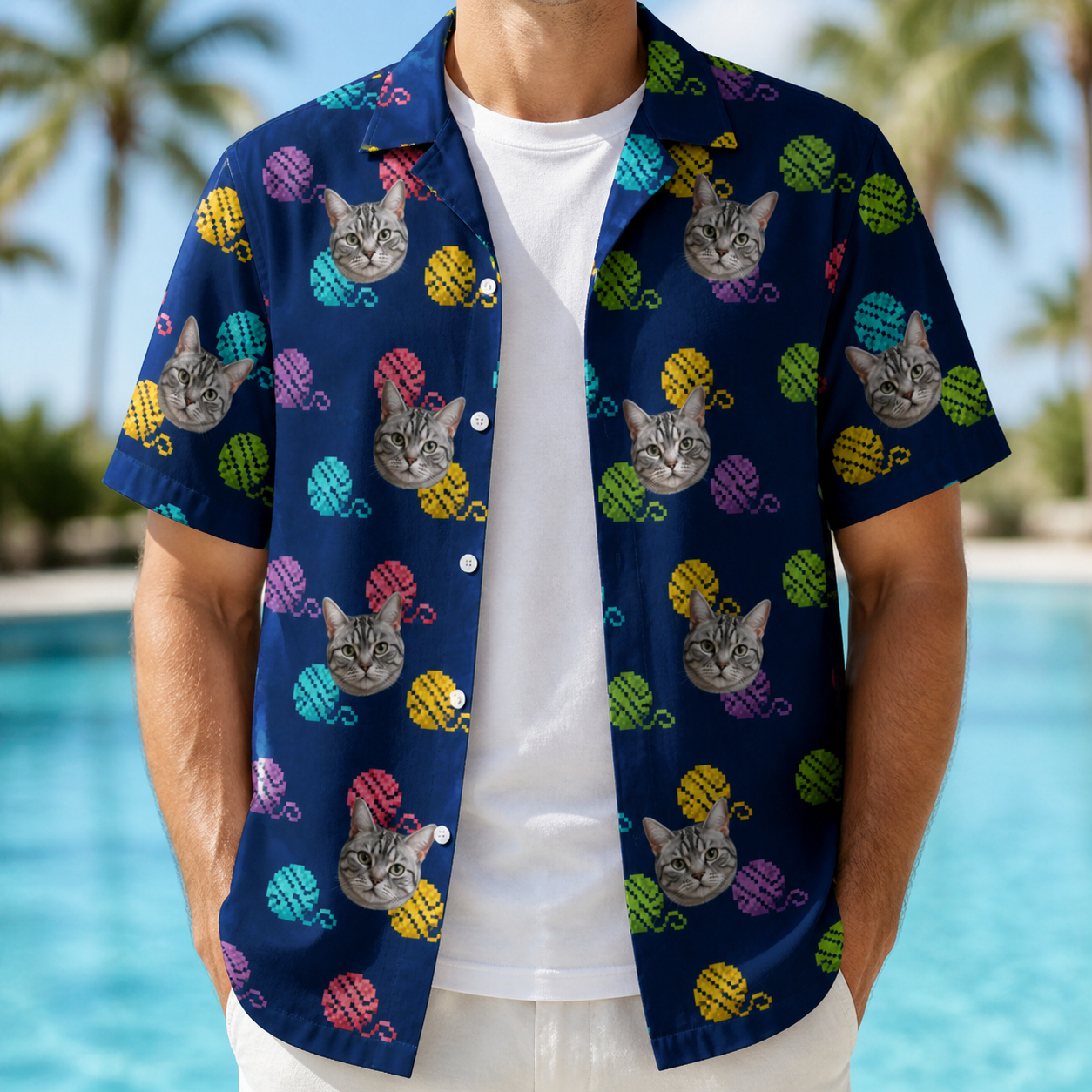 Man wearing Men's Yarn Yowls Custom Cat Face Hawaiian Shirt open over a white tee