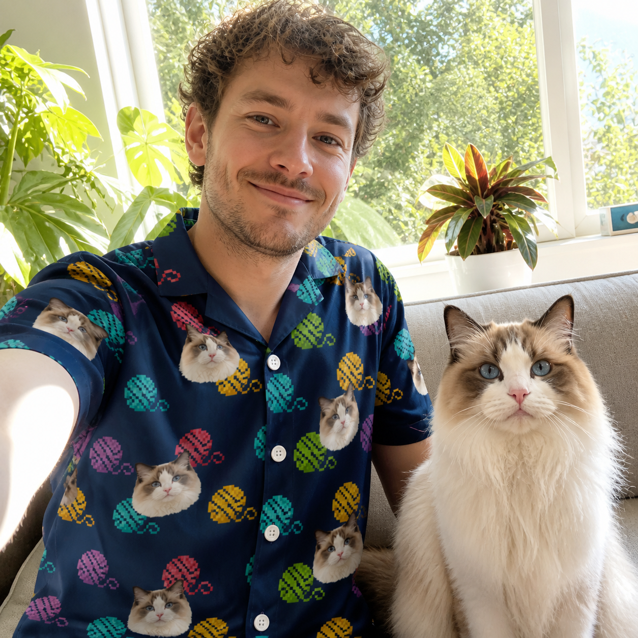 Selfie with the pet whose face is printed all over this Men's Yarn Yowls Custom Cat Face Hawaiian Shirt