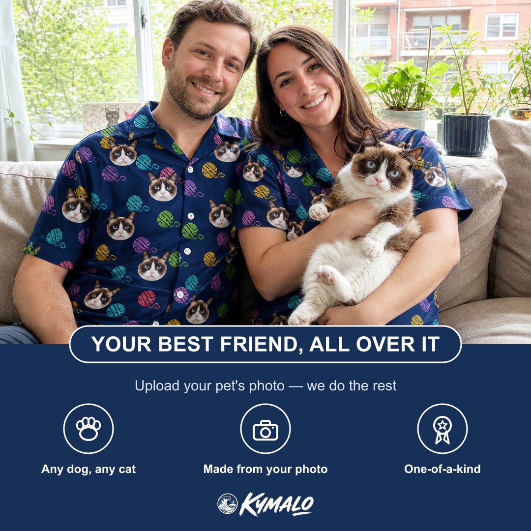 Friends in matching Men's Yarn Yowls Custom Cat Face Hawaiian Shirt — a group gift photo