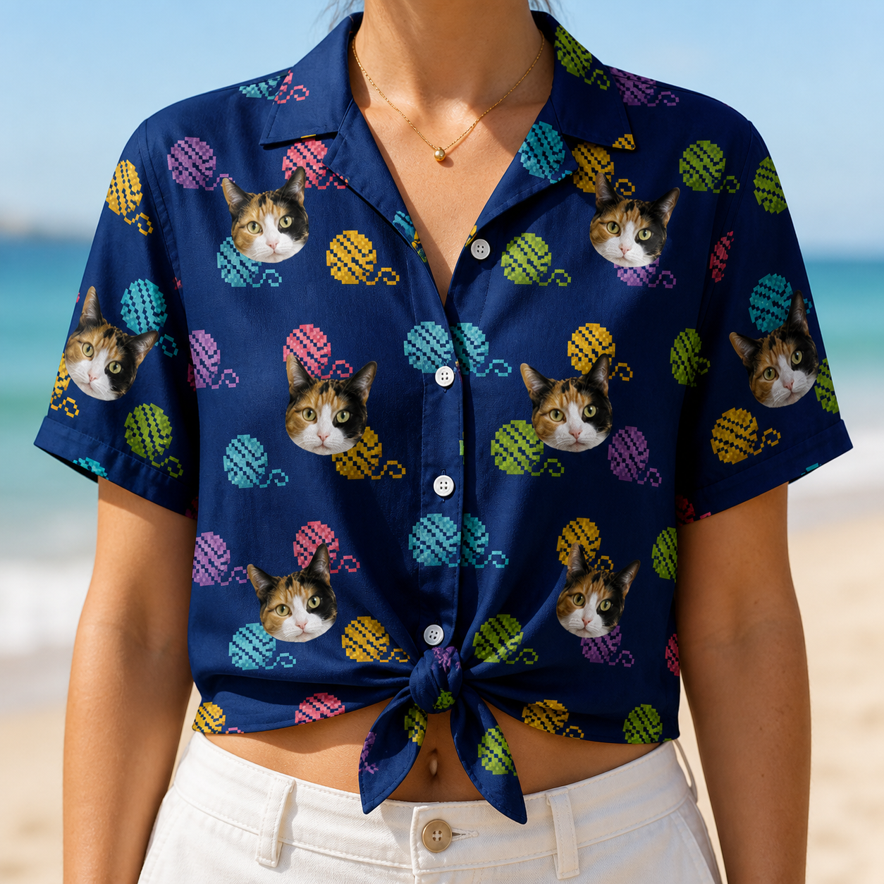 Woman wearing Women's Yarn Yowls Custom Cat Face Hawaiian Shirt tied at the waist