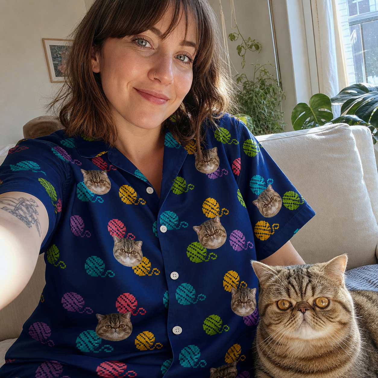 Selfie with the pet whose face is printed all over this Women's Yarn Yowls Custom Cat Face Hawaiian Shirt