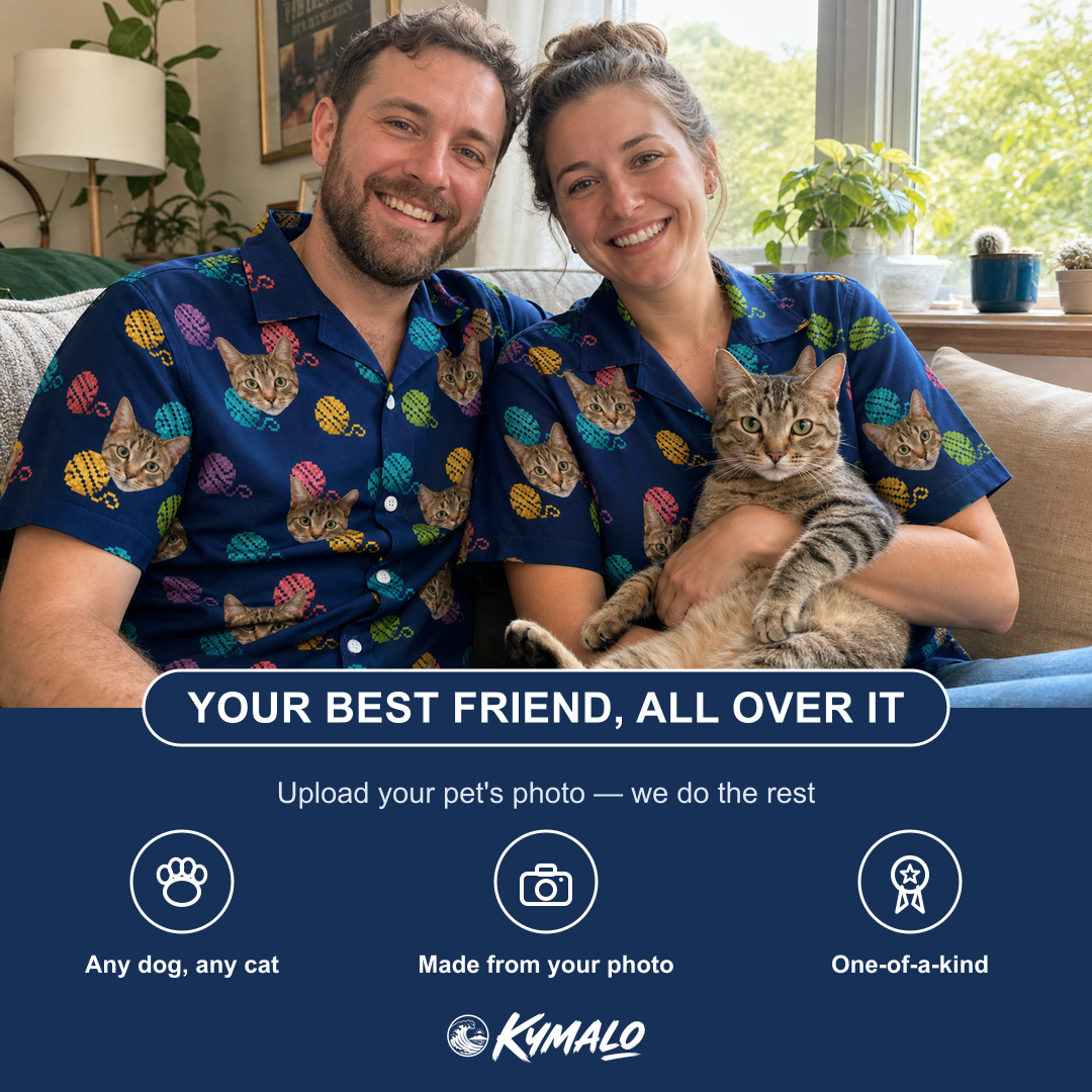 Friends in matching Women's Yarn Yowls Custom Cat Face Hawaiian Shirt — a group gift photo