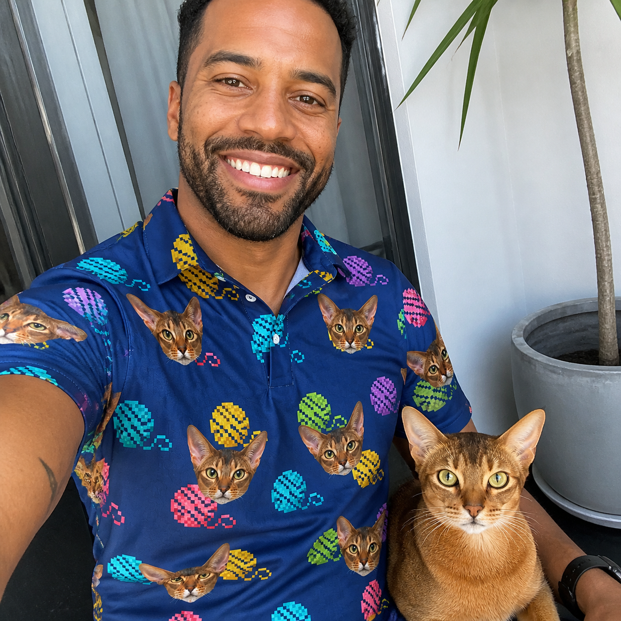 Selfie with the pet whose face is printed all over this Men's Yarn Yowls Custom Cat Face Polo Shirt