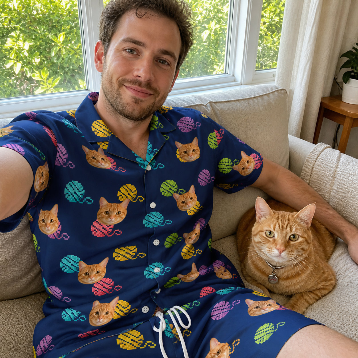 Selfie with the pet whose face is printed all over this Men's Yarn Yowls Custom Cat Face Shirt & Shorts Set