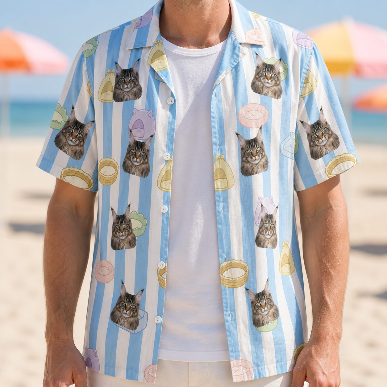 Man wearing Men's Naptime Nooks Custom Cat Face Hawaiian Shirt open over a white tee