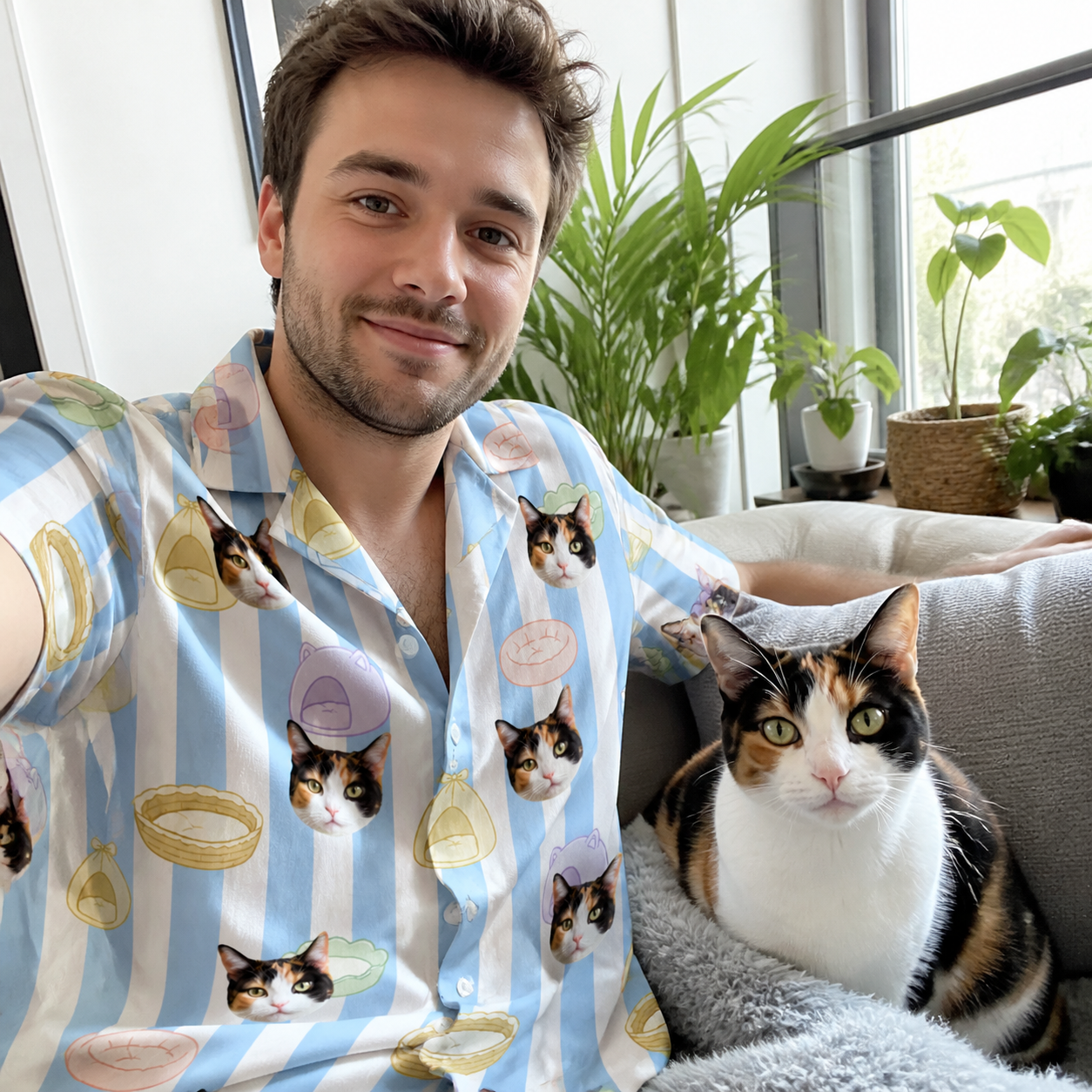 Selfie with the pet whose face is printed all over this Men's Naptime Nooks Custom Cat Face Hawaiian Shirt