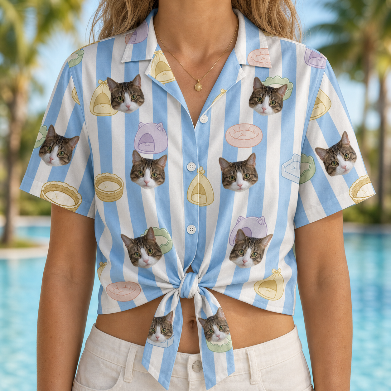 Woman wearing Women's Naptime Nooks Custom Cat Face Hawaiian Shirt tied at the waist