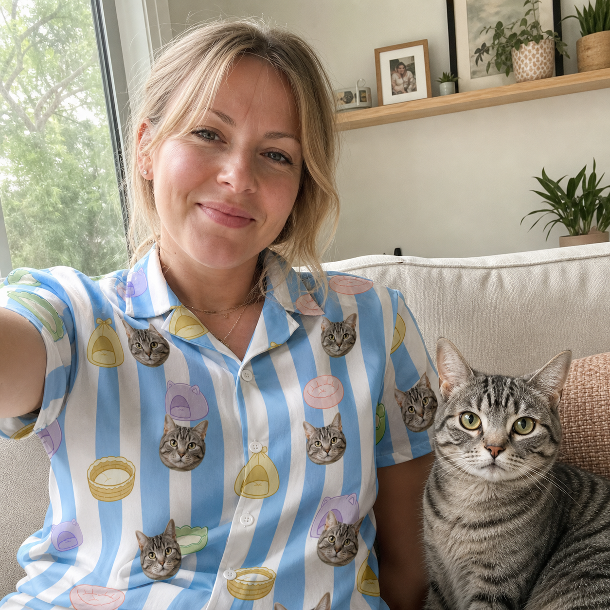 Selfie with the pet whose face is printed all over this Women's Naptime Nooks Custom Cat Face Hawaiian Shirt