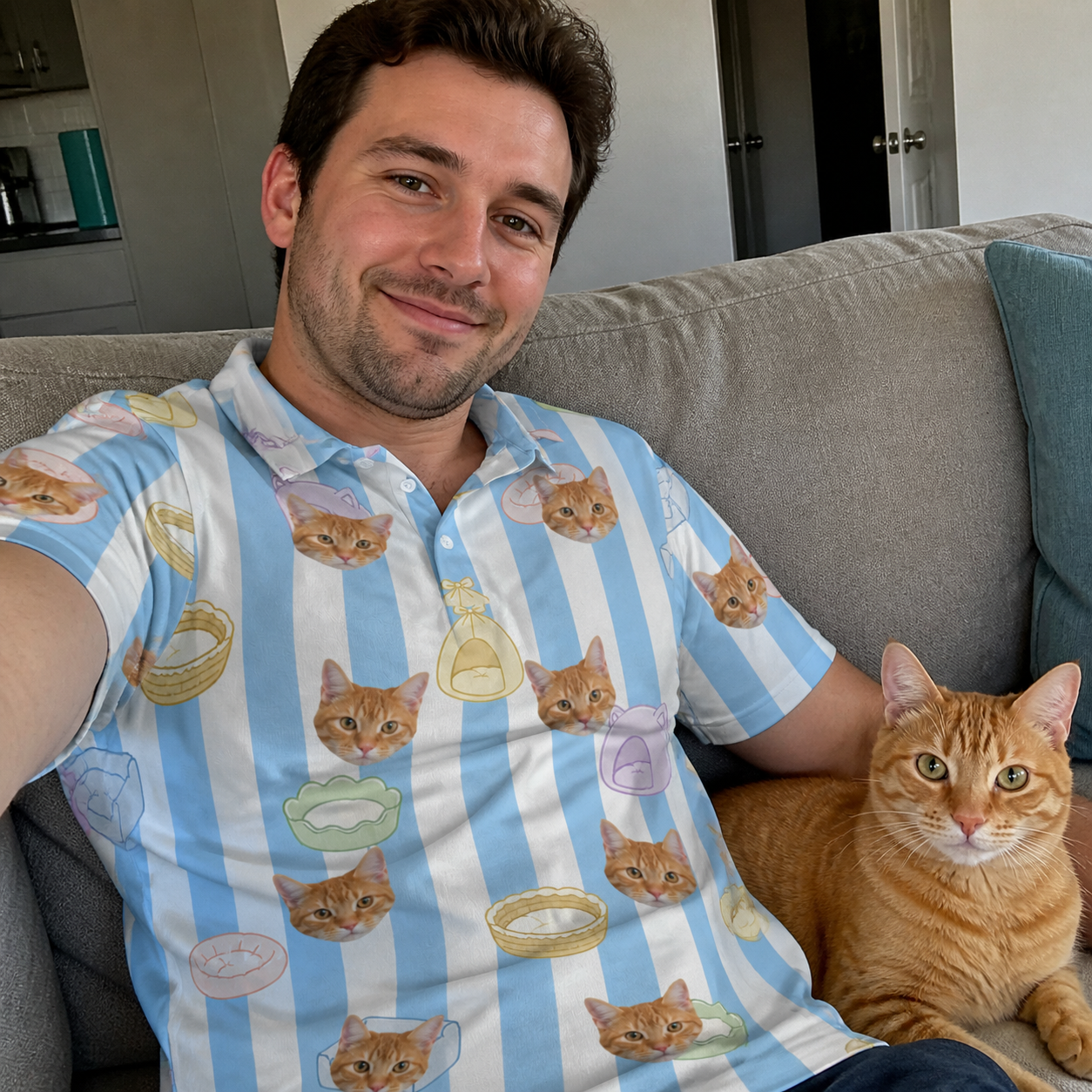 Selfie with the pet whose face is printed all over this Men's Naptime Nooks Custom Cat Face Polo Shirt