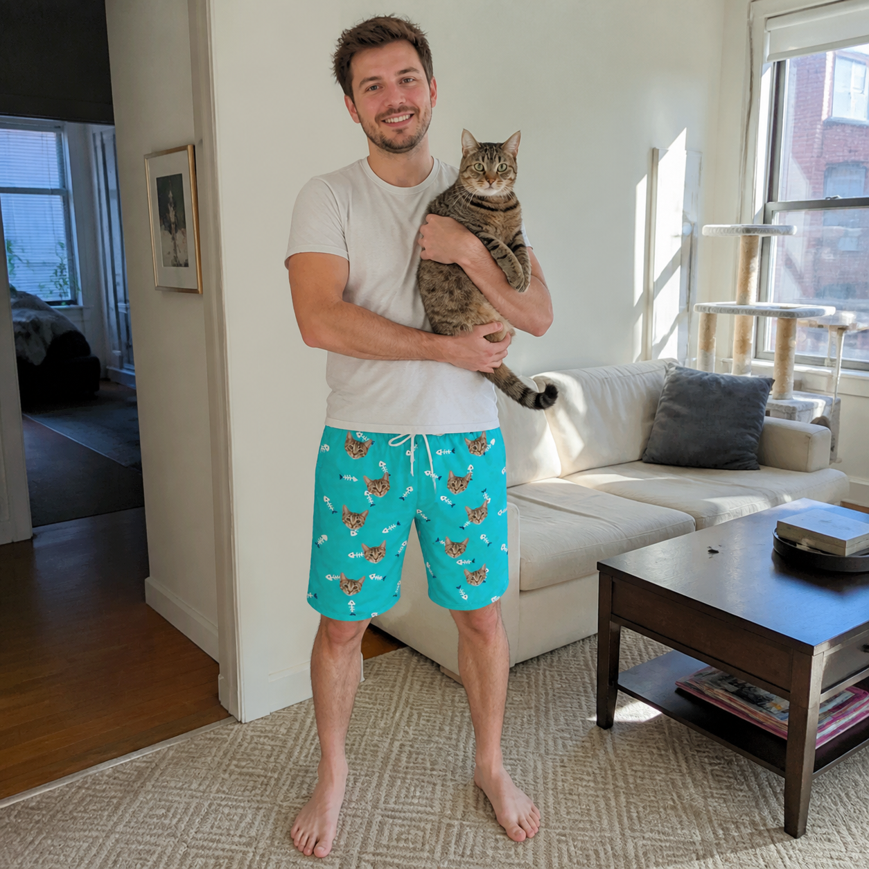 Full-length photo with the pet printed all over this Men's Purrfect Pisces Custom Cat Face Beach Shorts