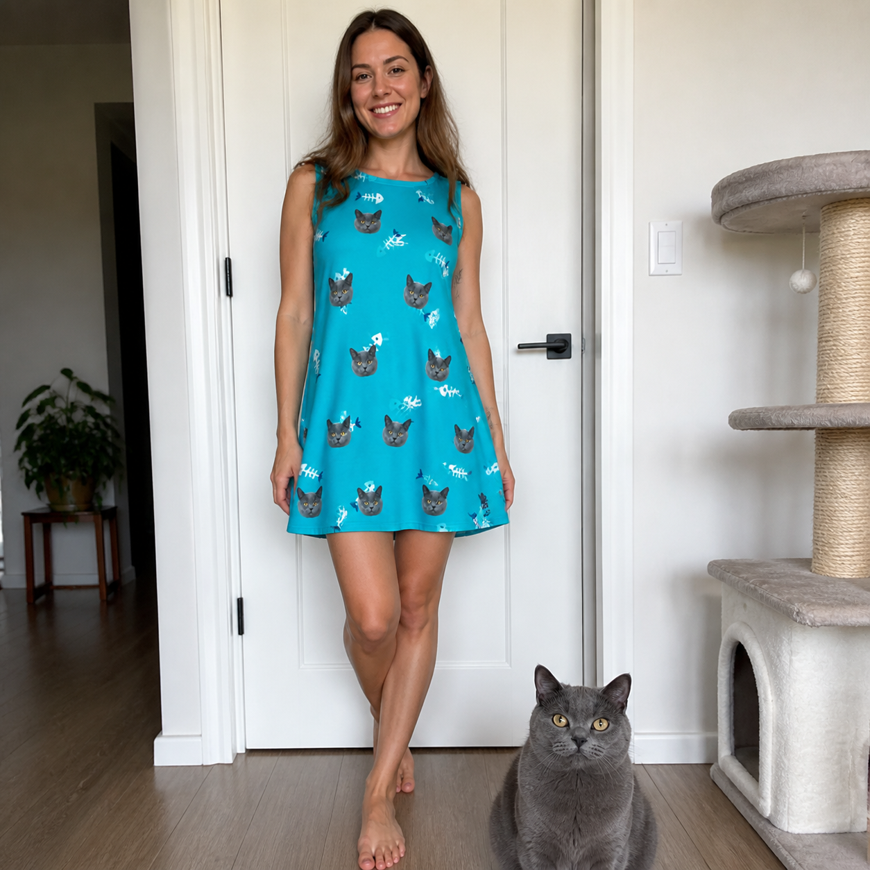 Full-length photo with the pet printed all over this Women's Purrfect Pisces Custom Cat Face Tank Dress