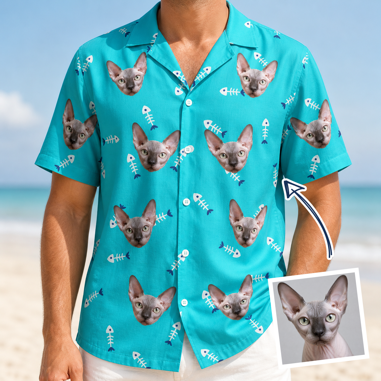 Man wearing Men's Purrfect Pisces Custom Cat Face Hawaiian Shirt — custom faces printed all-over