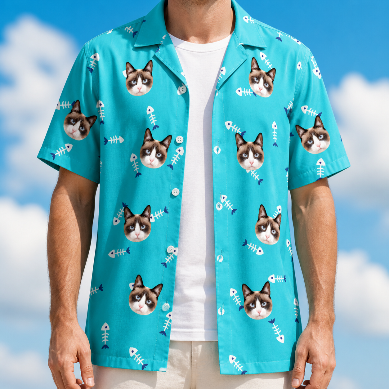 Man wearing Men's Purrfect Pisces Custom Cat Face Hawaiian Shirt open over a white tee