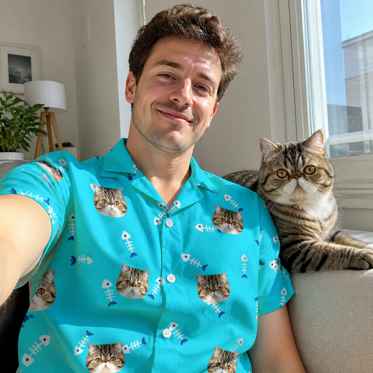 Selfie with the pet whose face is printed all over this Men's Purrfect Pisces Custom Cat Face Hawaiian Shirt