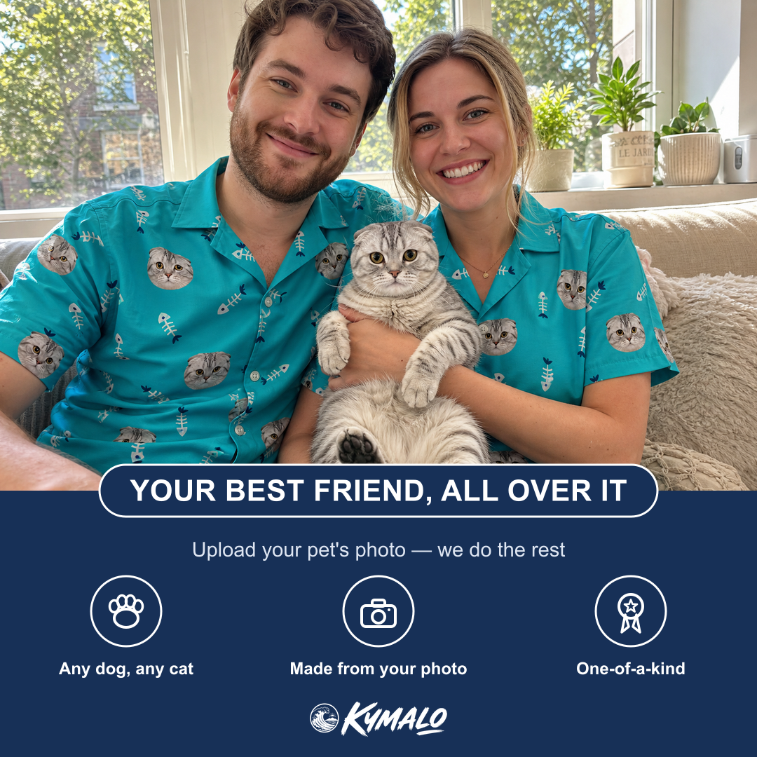 Friends in matching Men's Purrfect Pisces Custom Cat Face Hawaiian Shirt — a group gift photo