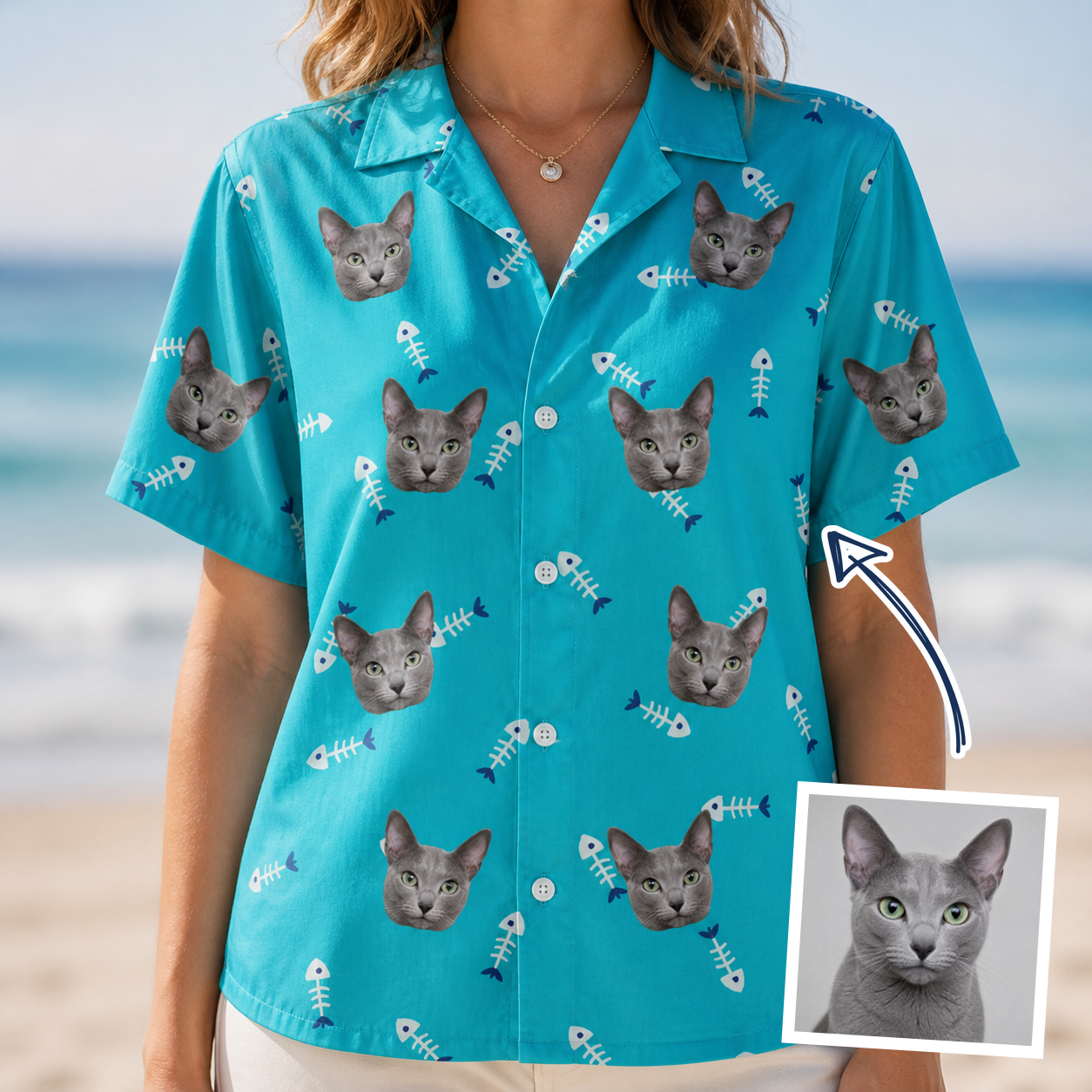 Woman wearing Women's Purrfect Pisces Custom Cat Face Hawaiian Shirt — custom faces printed all-over