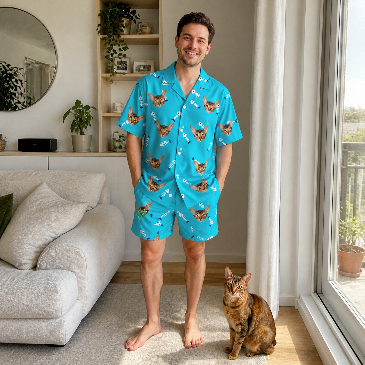 Full-length photo with the pet printed all over this Men's Purrfect Pisces Custom Cat Face Shirt & Shorts Set
