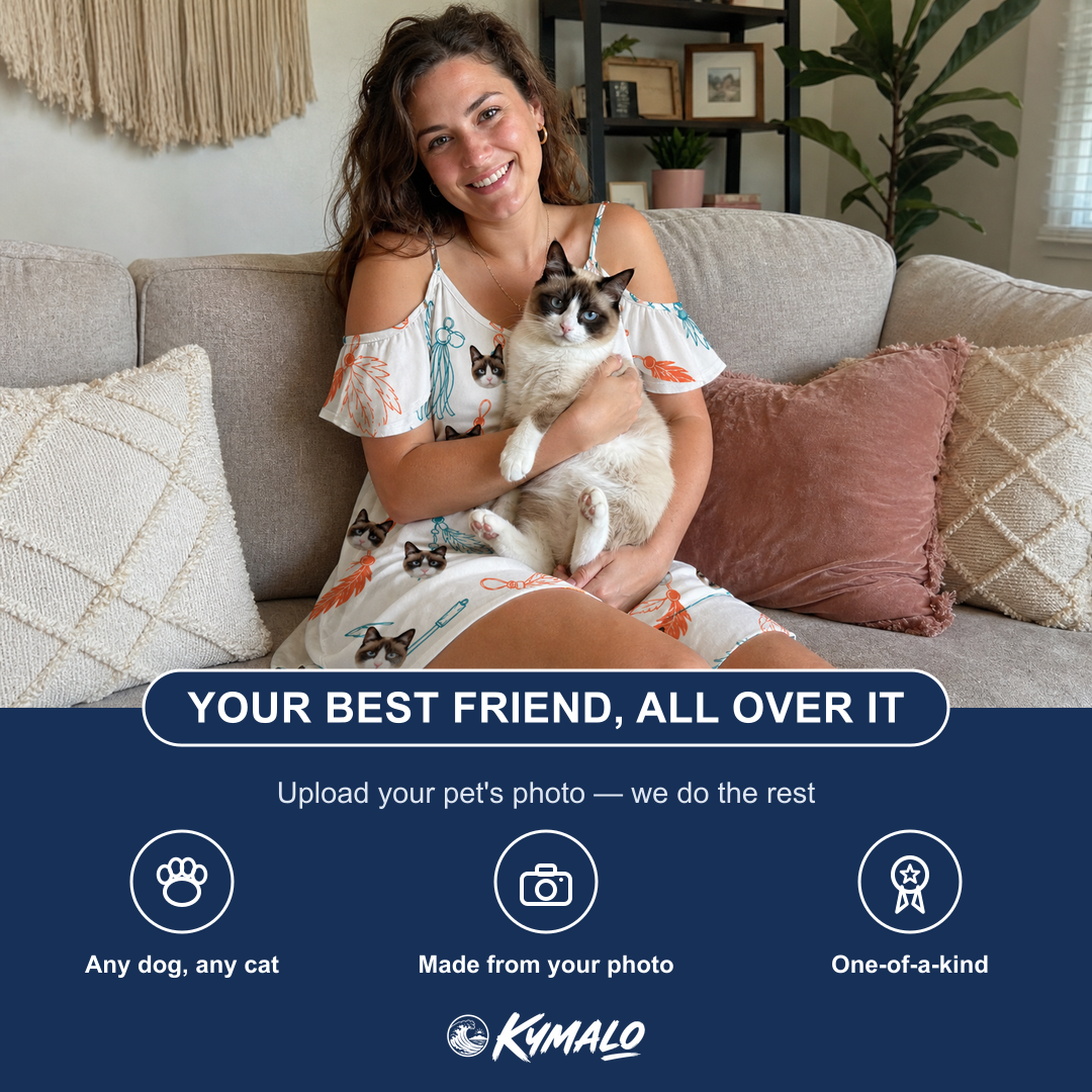 Friends in matching Women's Kitty Plumes Custom Cat Face Off-Shoulder Dress — a group gift photo