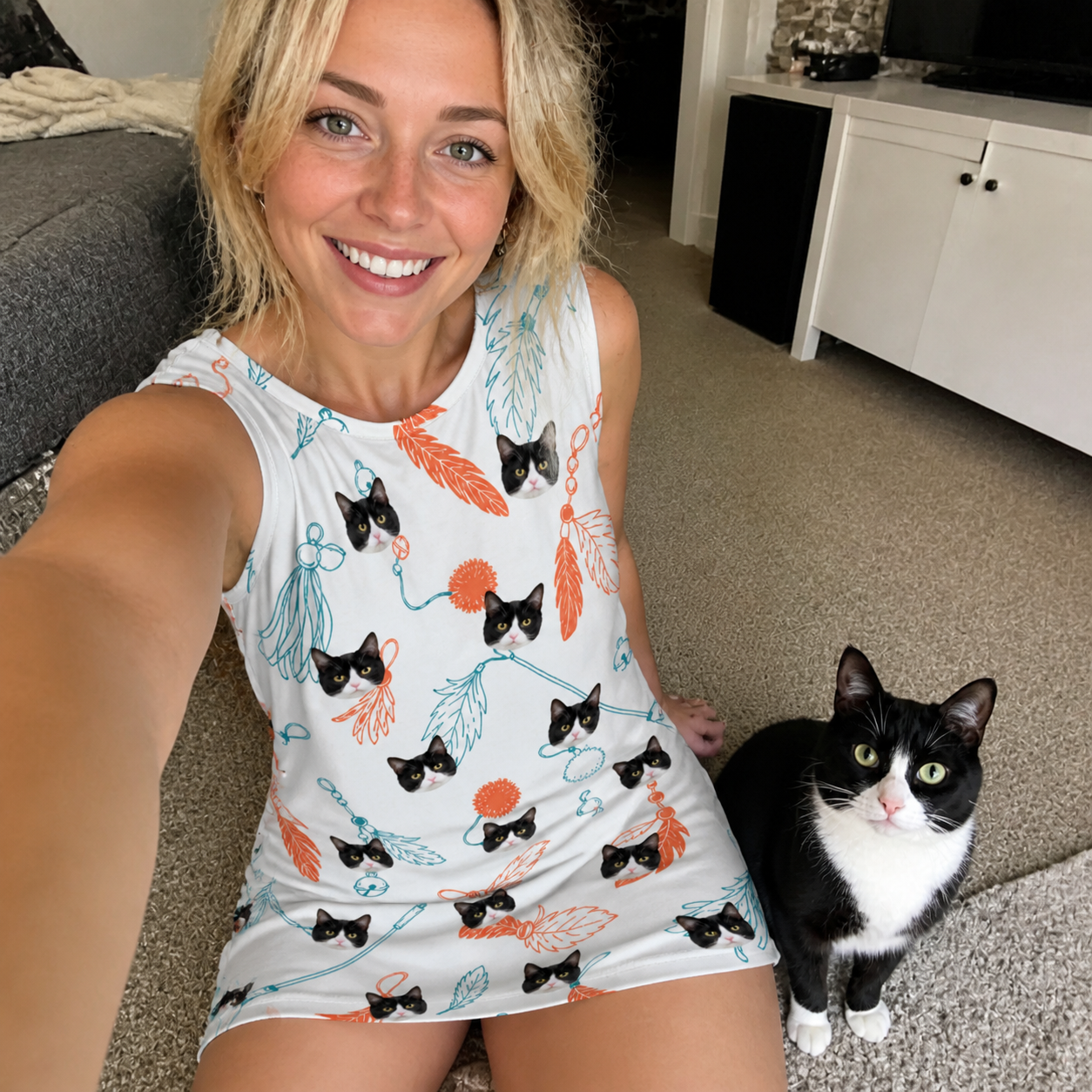Selfie with the pet whose face is printed all over this Women's Kitty Plumes Custom Cat Face Tank Dress
