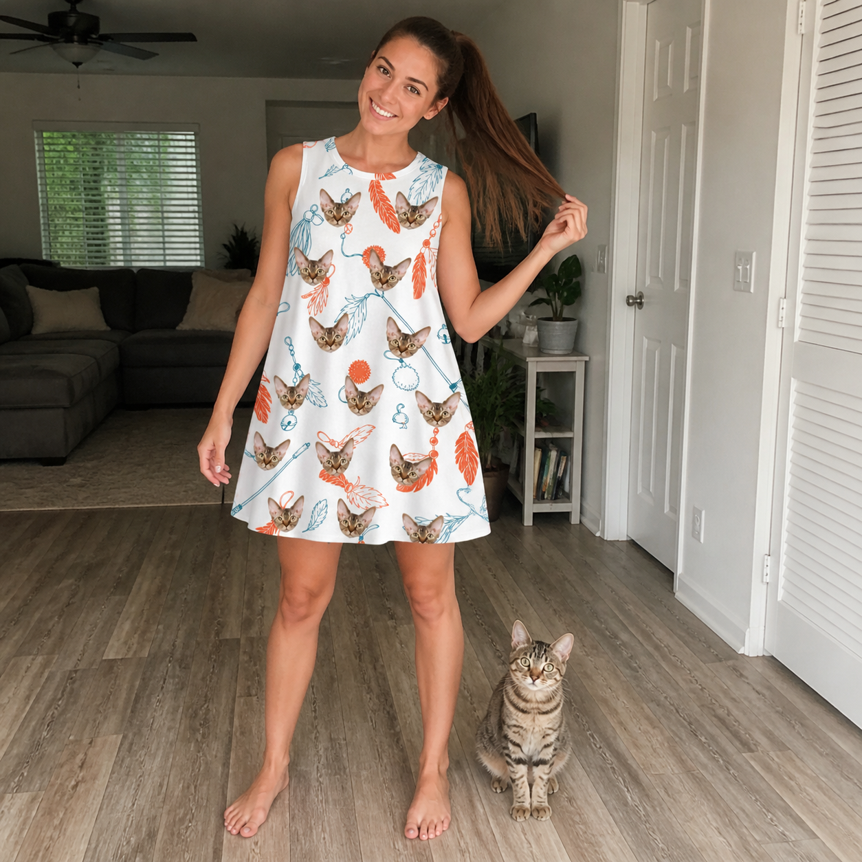 Full-length photo with the pet printed all over this Women's Kitty Plumes Custom Cat Face Tank Dress