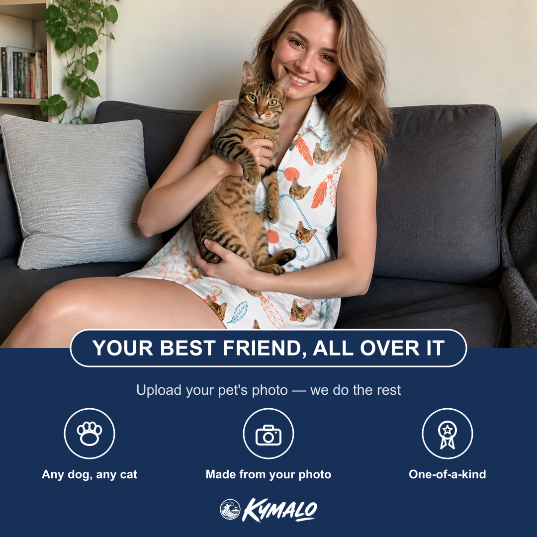 Friends in matching Women's Kitty Plumes Custom Cat Face V-Neck Dress — a group gift photo