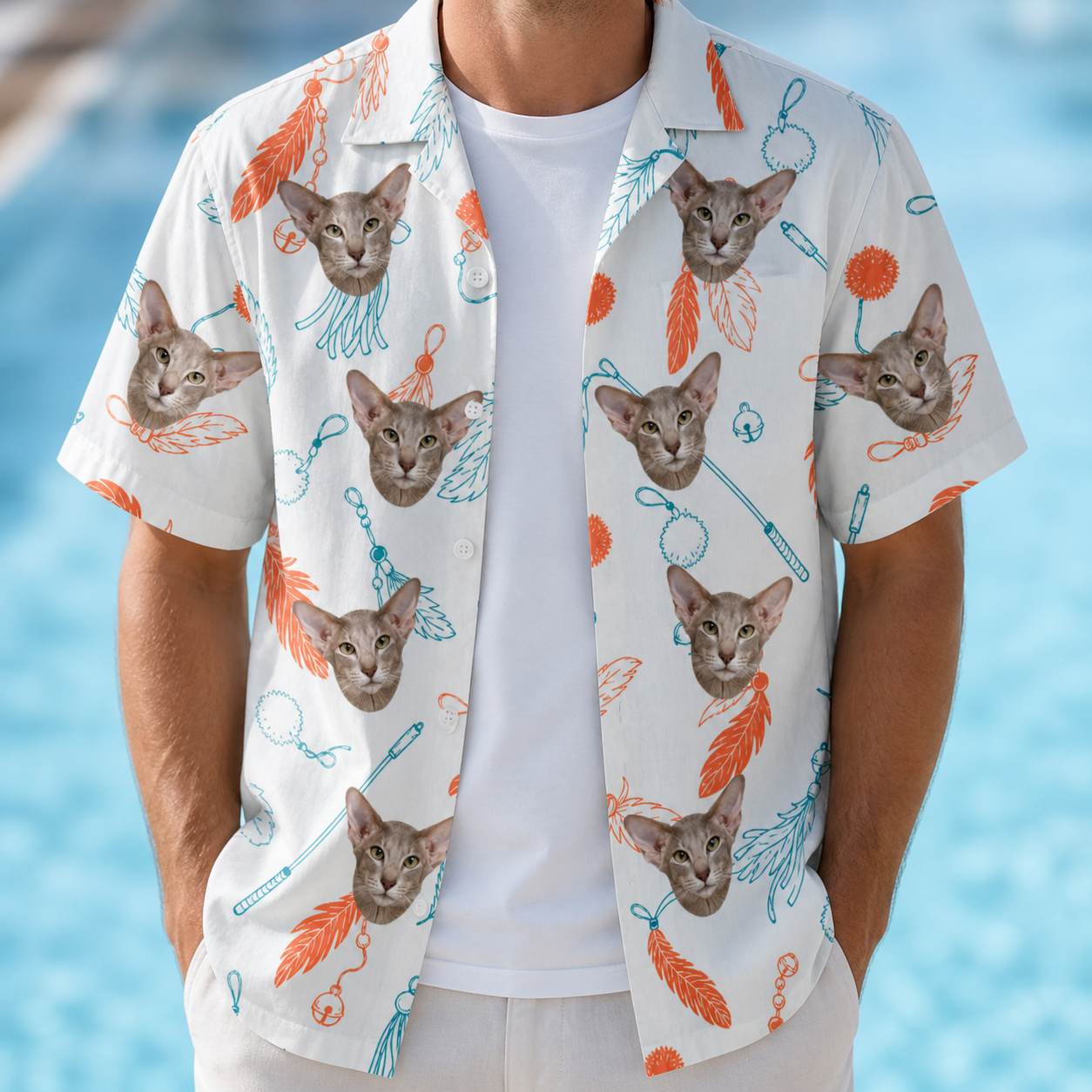 Man wearing Men's Kitty Plumes Custom Cat Face Hawaiian Shirt open over a white tee