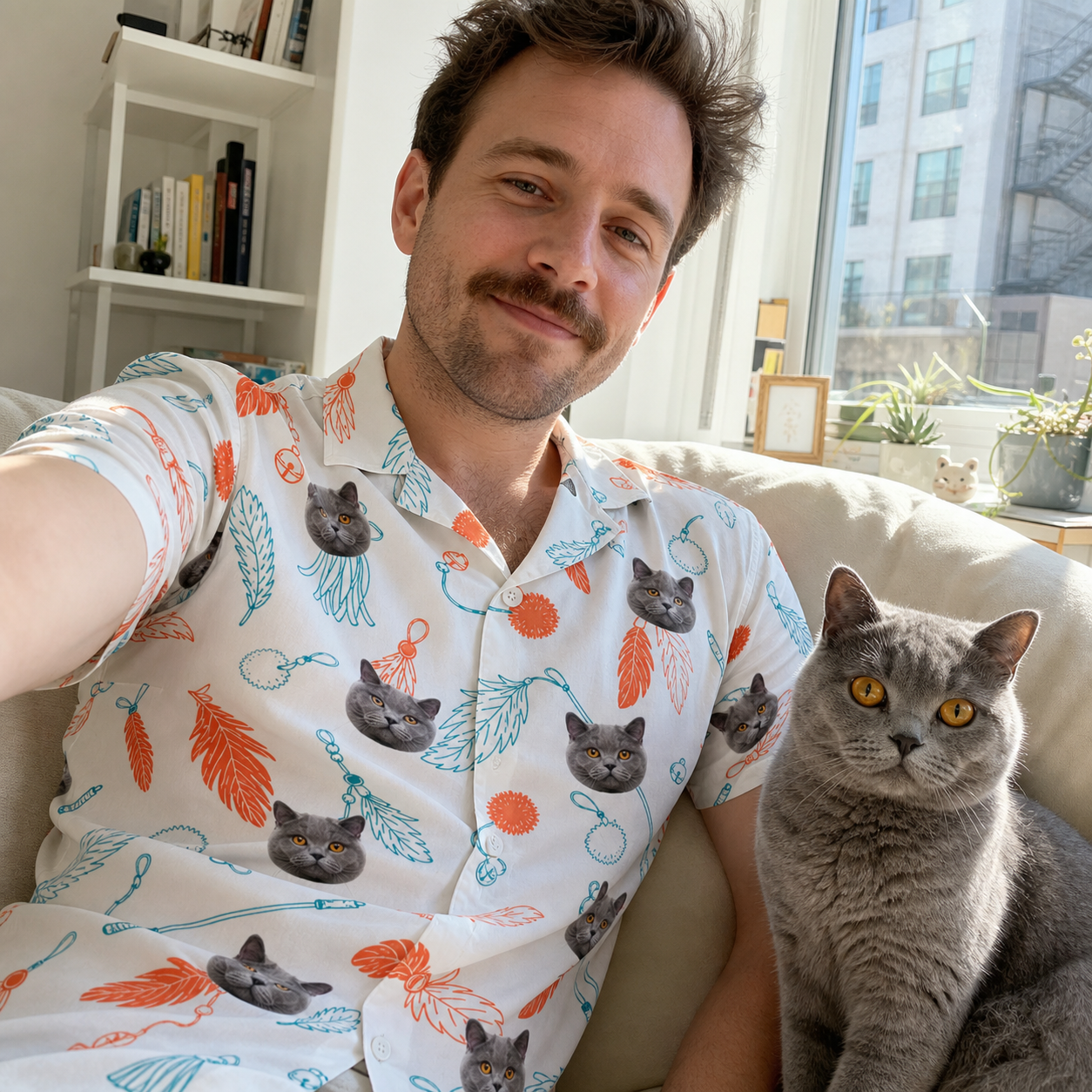 Selfie with the pet whose face is printed all over this Men's Kitty Plumes Custom Cat Face Hawaiian Shirt