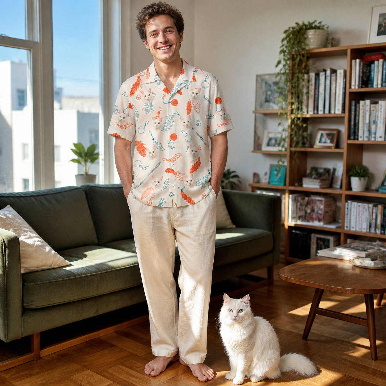 Full-length photo with the pet printed all over this Men's Kitty Plumes Custom Cat Face Hawaiian Shirt