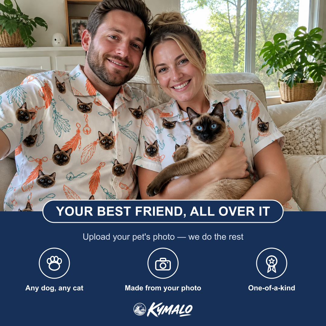 Friends in matching Men's Kitty Plumes Custom Cat Face Hawaiian Shirt — a group gift photo