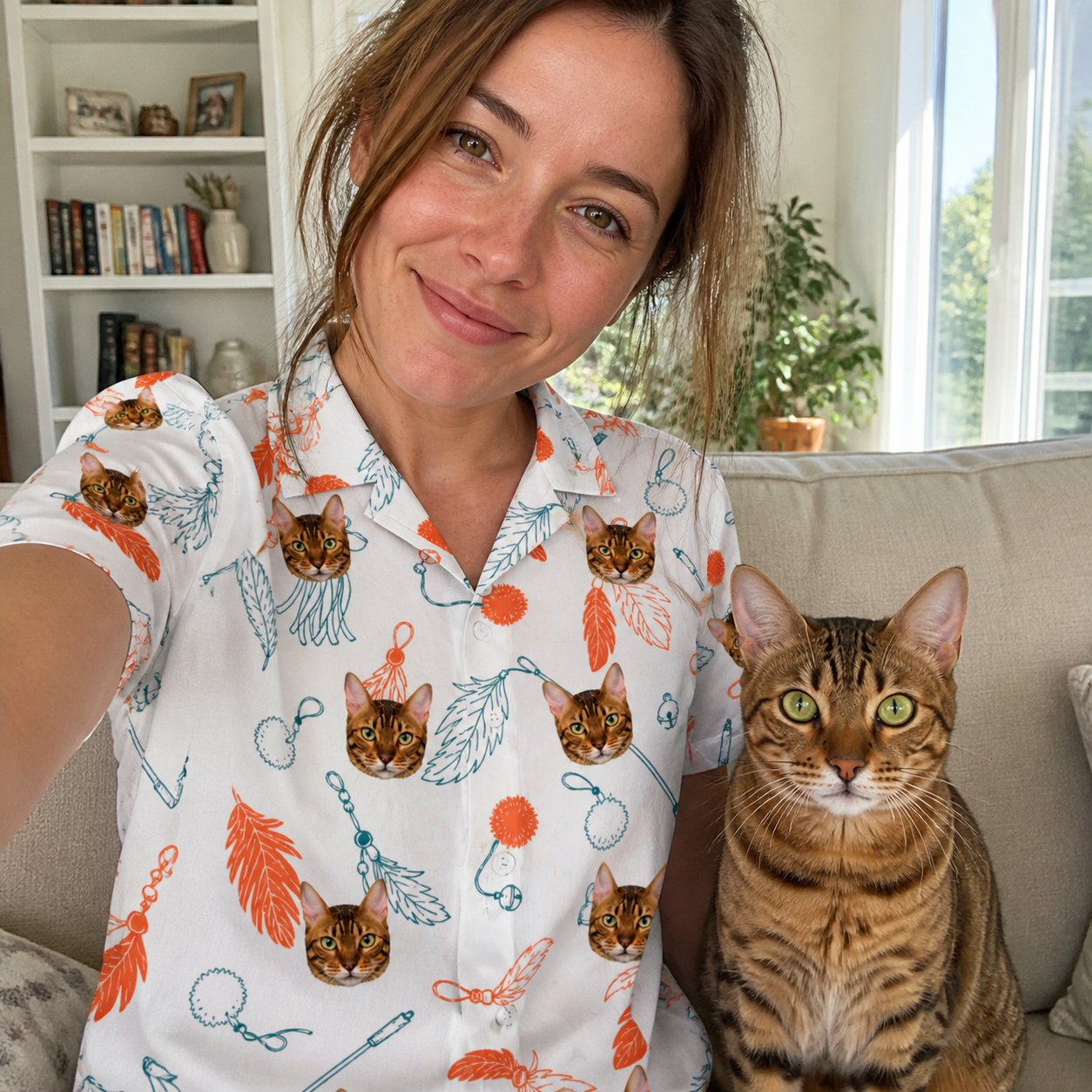 Selfie with the pet whose face is printed all over this Women's Kitty Plumes Custom Cat Face Hawaiian Shirt