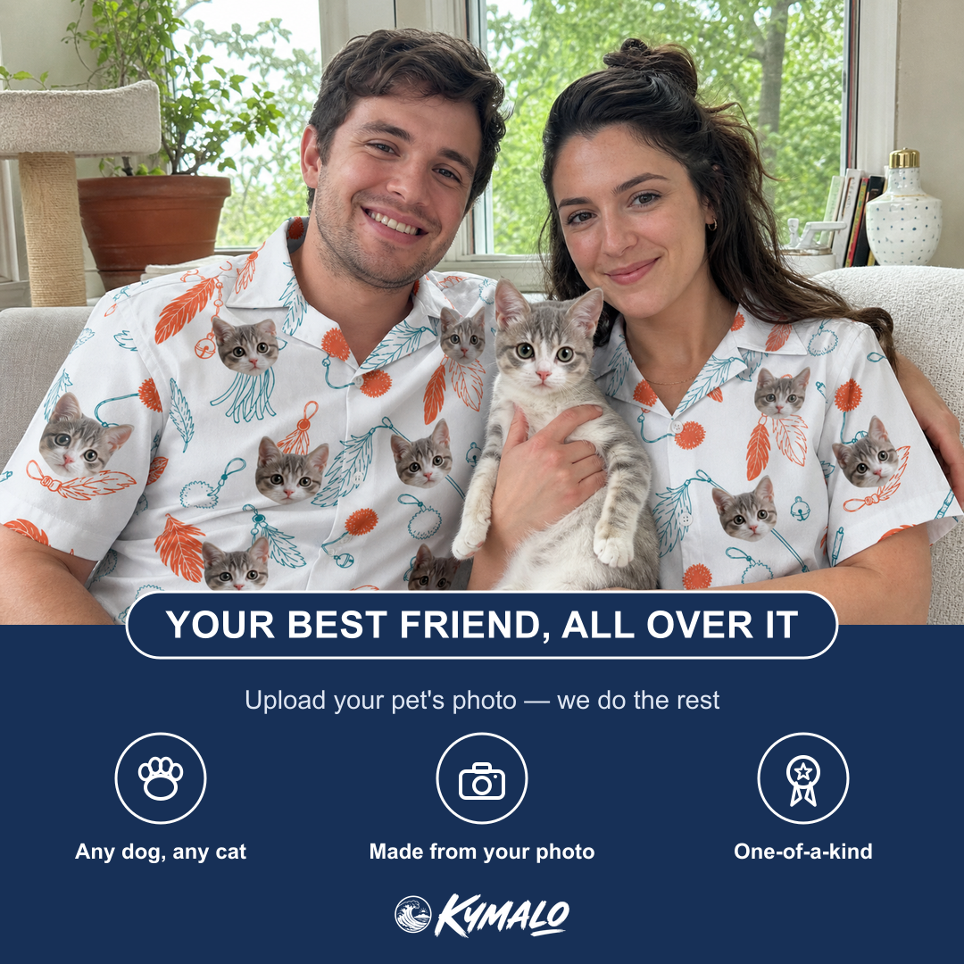 Friends in matching Women's Kitty Plumes Custom Cat Face Hawaiian Shirt — a group gift photo