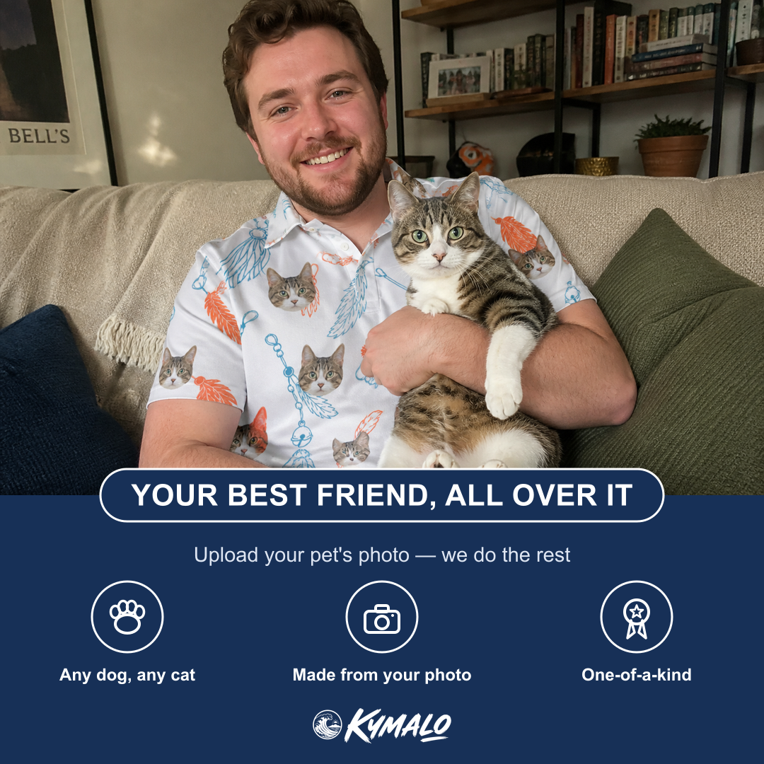 Friends in matching Men's Kitty Plumes Custom Cat Face Polo Shirt — a group gift photo