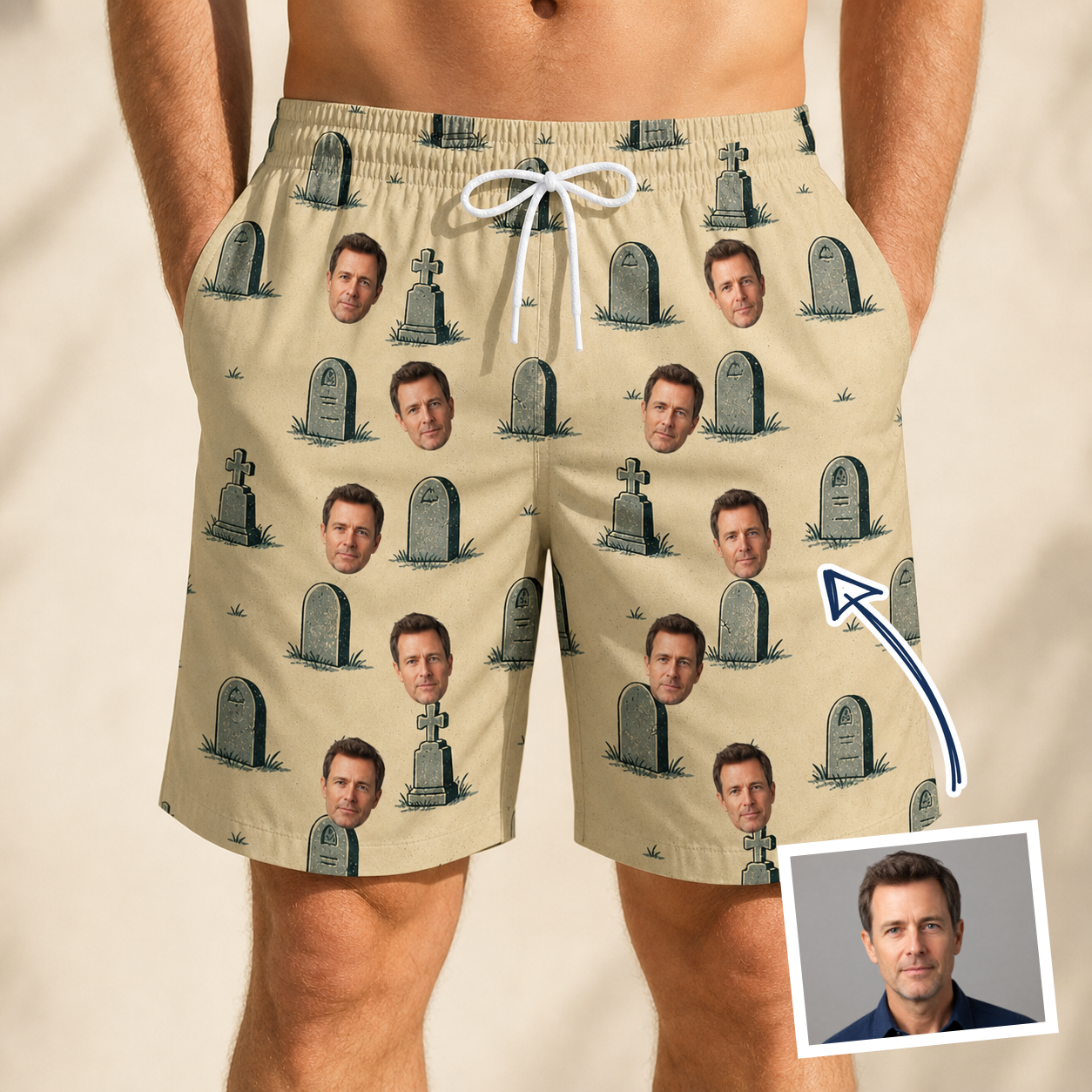 Man wearing Men's Die Laughing Custom Face Beach Shorts — custom faces printed all-over