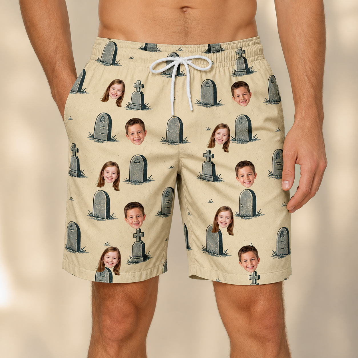 Model wearing Men's Die Laughing Custom Face Beach Shorts printed with kids' faces