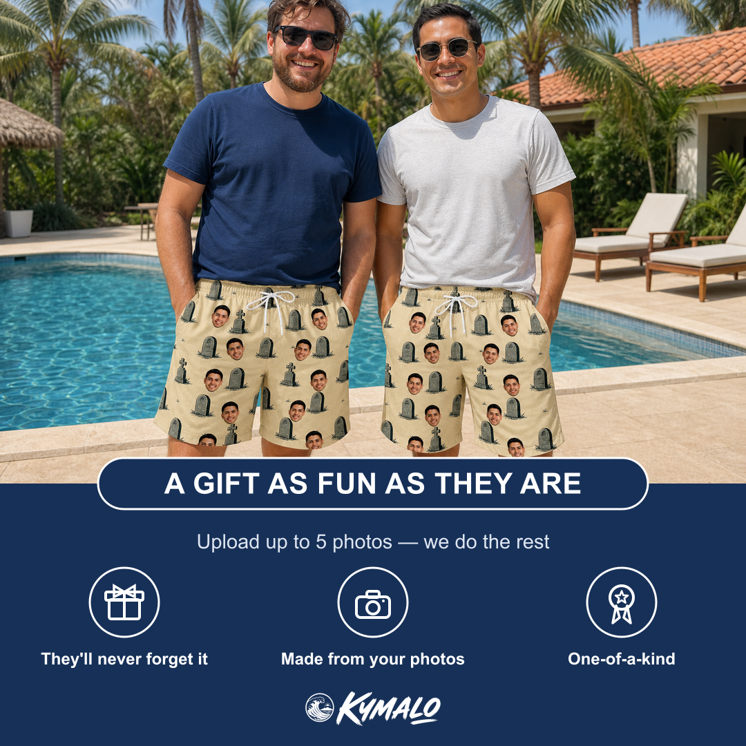 Friends in matching Men's Die Laughing Custom Face Beach Shorts — a group gift photo