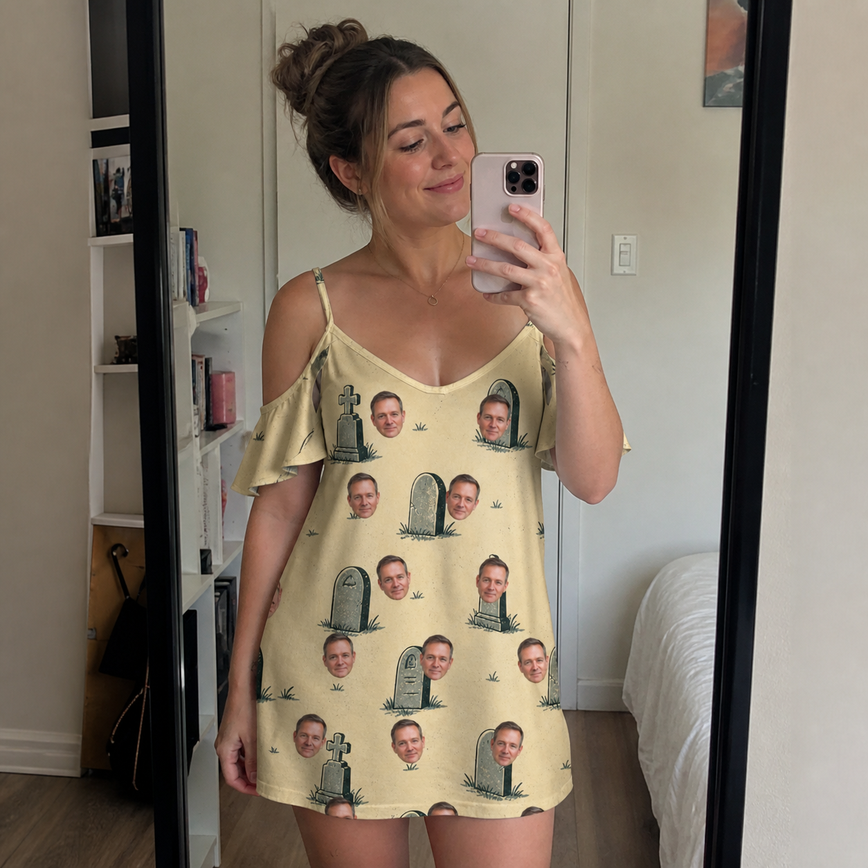 Real-life photo of someone wearing Women's Die Laughing Custom Face Off-Shoulder Dress — custom faces printed all-over