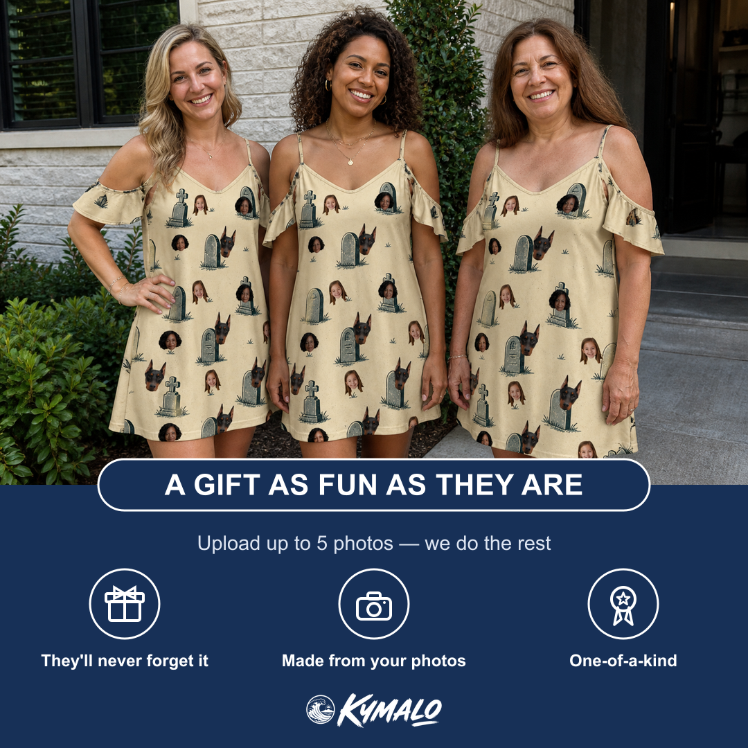 Friends in matching Women's Die Laughing Custom Face Off-Shoulder Dress — a group gift photo