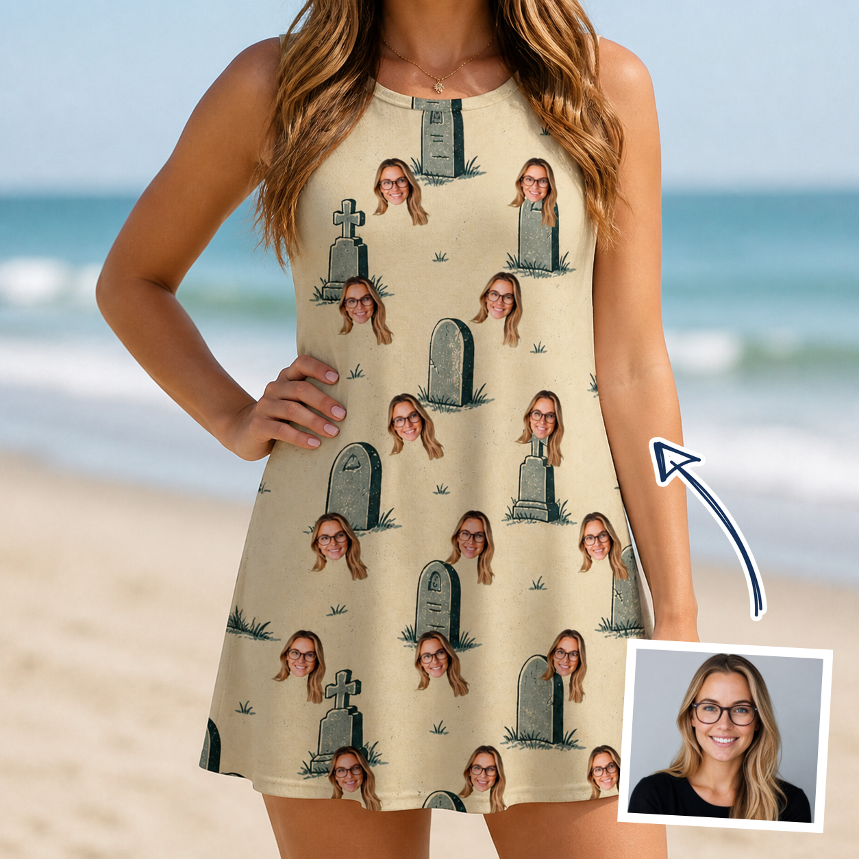 Woman wearing Women's Die Laughing Custom Face Tank Dress — custom faces printed all-over