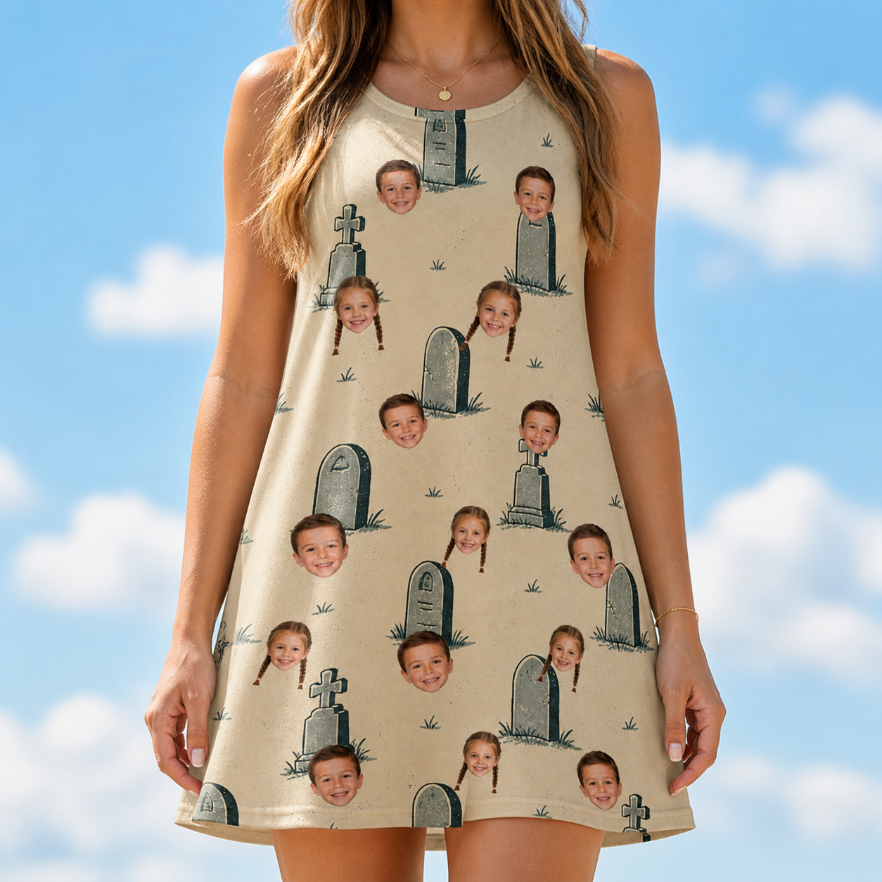 Model wearing Women's Die Laughing Custom Face Tank Dress printed with kids' faces
