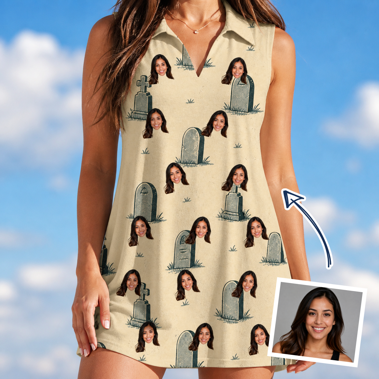 Woman wearing Women's Die Laughing Custom Face V-Neck Dress — custom faces printed all-over