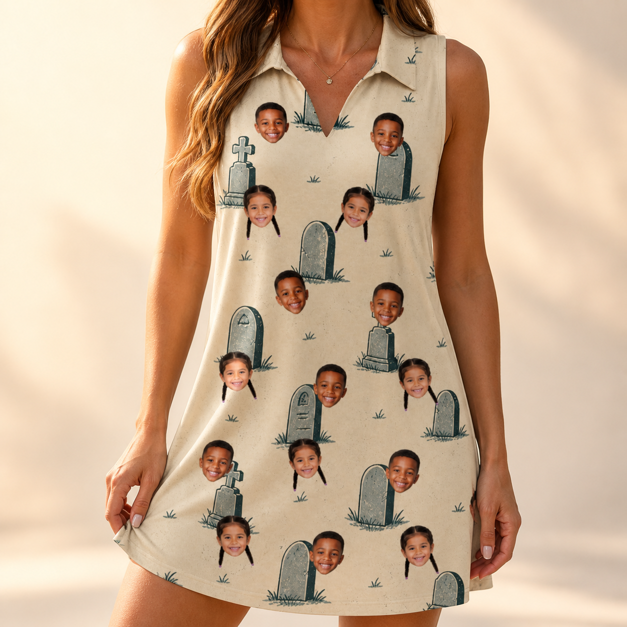 Model wearing Women's Die Laughing Custom Face V-Neck Dress printed with kids' faces