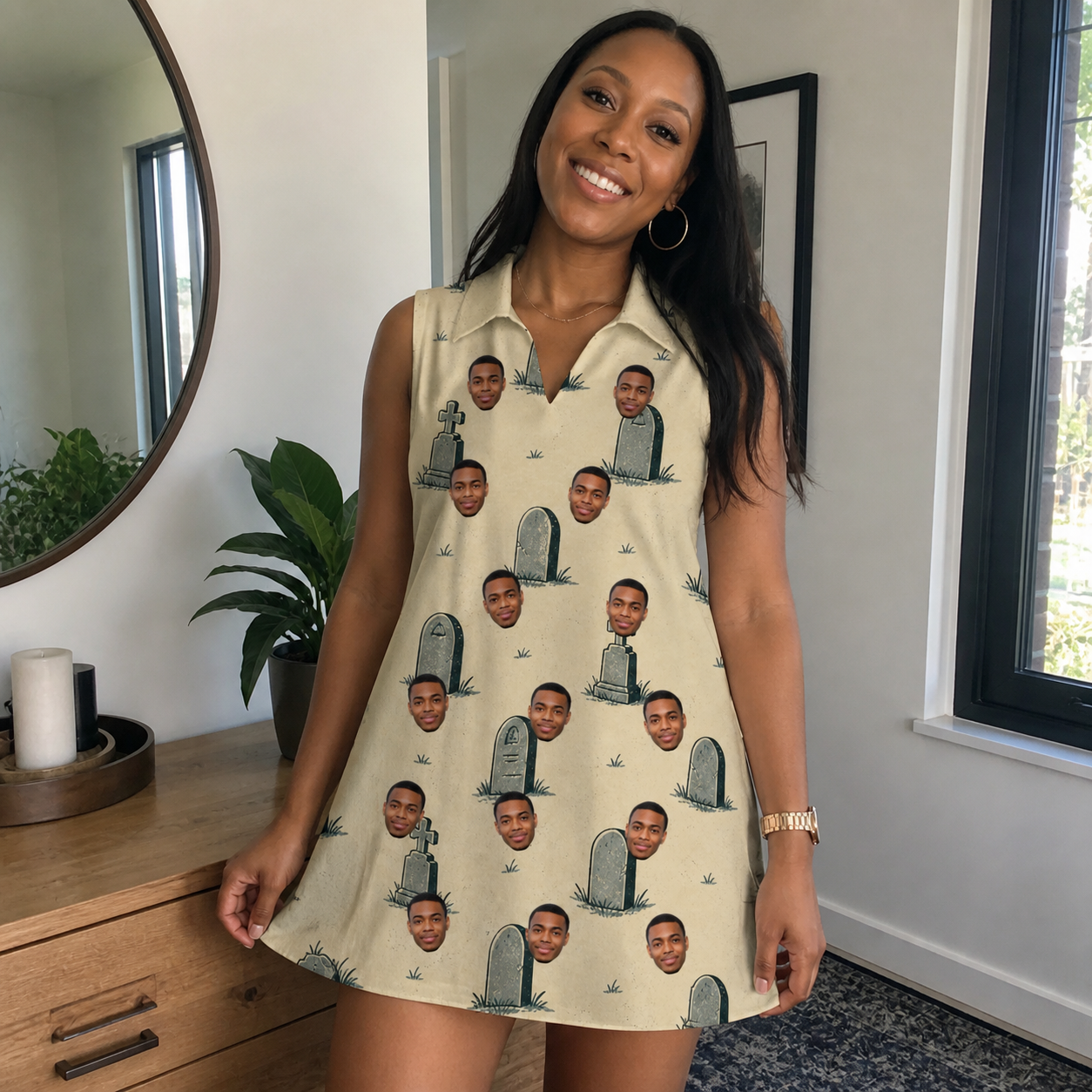 Real-life photo of someone wearing Women's Die Laughing Custom Face V-Neck Dress — custom faces printed all-over